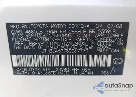 2008 Lexus Es 350 from USA, damaged, VIN JTHBJ46G782267779